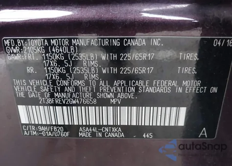 2016 Toyota Rav4 Le from USA, damaged, VIN 2T3BFREV2GW476658